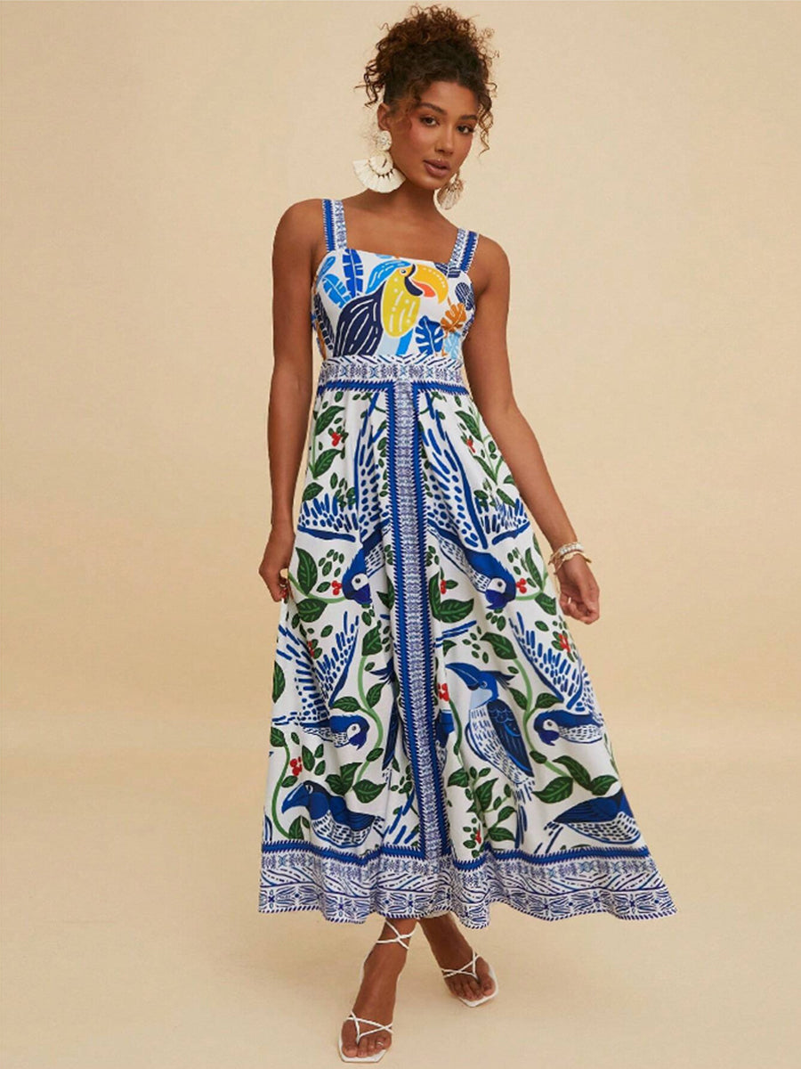 Blue Printed Sleeveless Parrot Vacation Dress