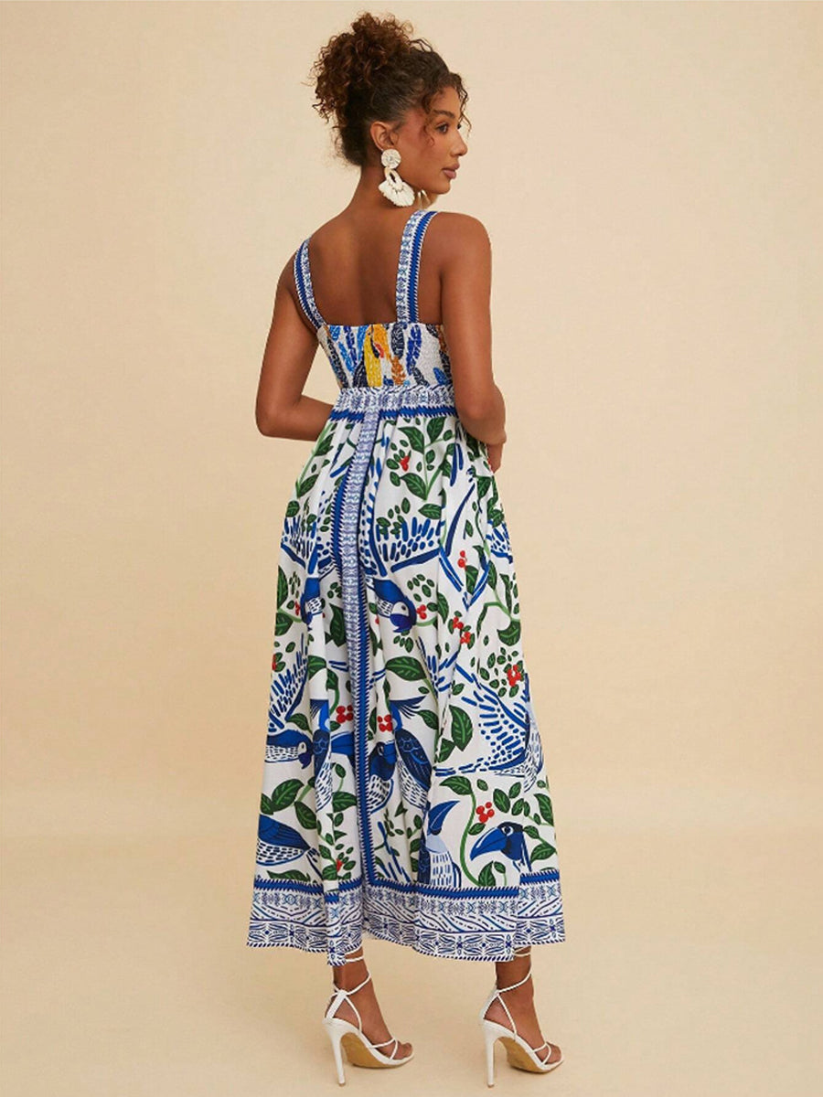 Blue Printed Sleeveless Parrot Vacation Dress
