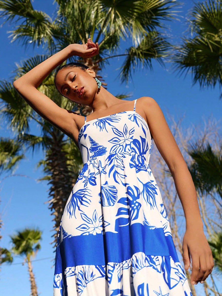 Blue Printed Swing Loose Vacation Dress