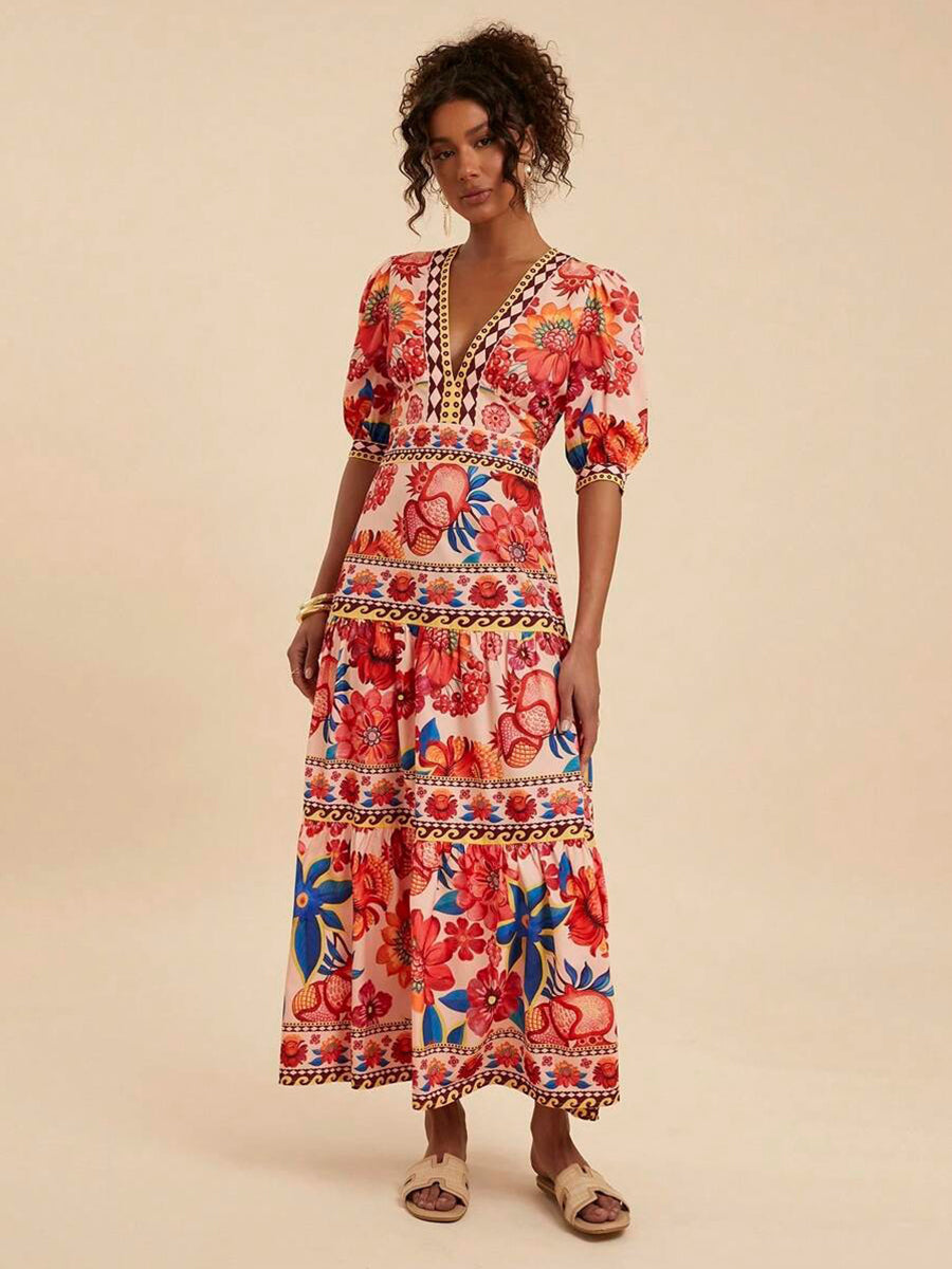 Red Floral Printed Short Sleeve Vacation Dress