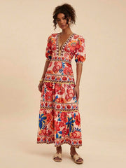 Red Floral Printed Short Sleeve Vacation Dress