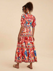 Red Floral Printed Short Sleeve Vacation Dress
