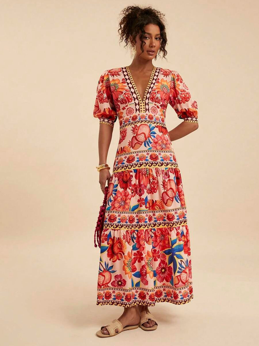 Red Floral Printed Short Sleeve Vacation Dress