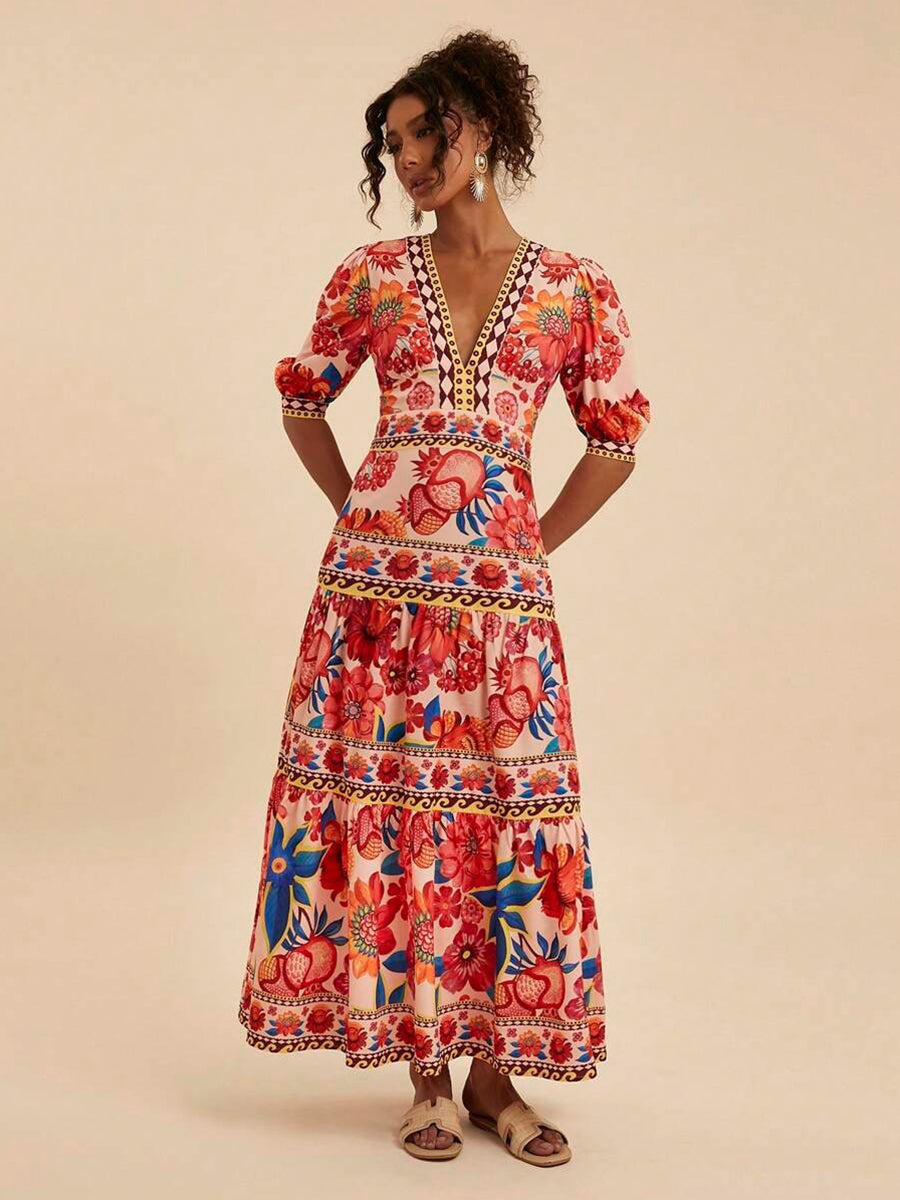 Red Floral Printed Short Sleeve Vacation Dress