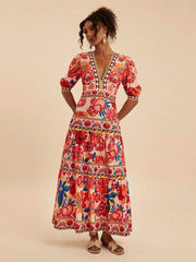 Red Floral Printed Short Sleeve Vacation Dress