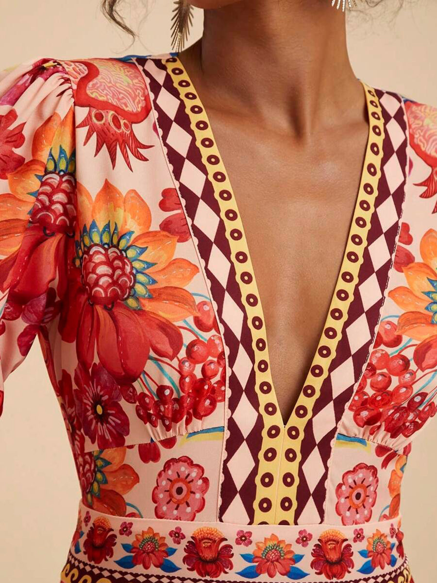 Red Floral Printed Short Sleeve Vacation Dress