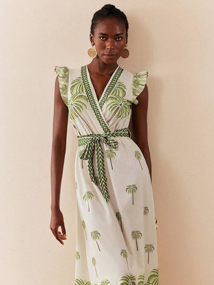Wrap Ruffled Printed Plants Vacation Dress
