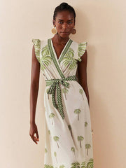 Wrap Ruffled Printed Plants Vacation Dress