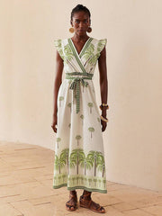 Wrap Ruffled Printed Plants Vacation Dress