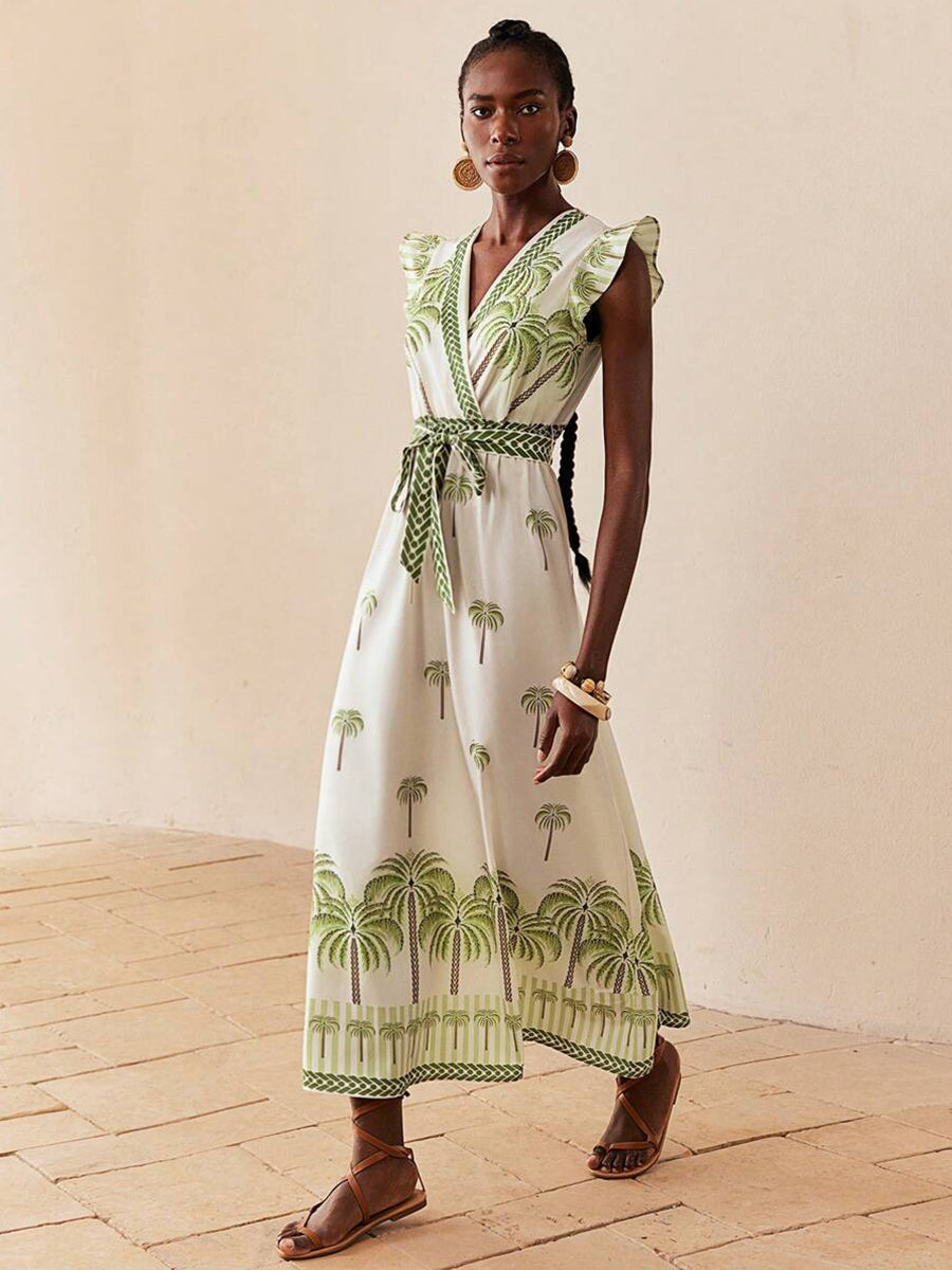 Wrap Ruffled Printed Plants Vacation Dress