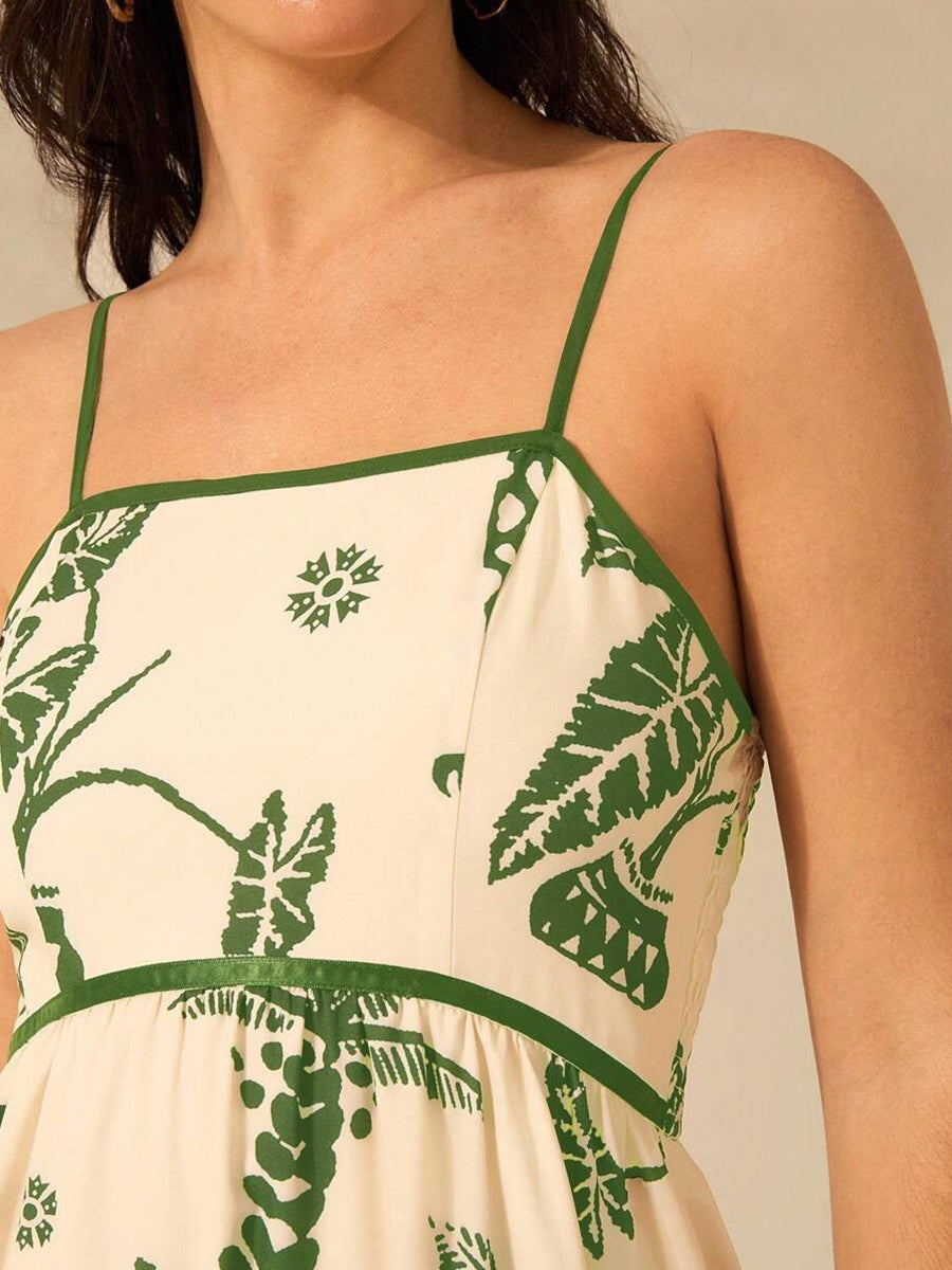 Green Plants Print A-line Vacation Dress