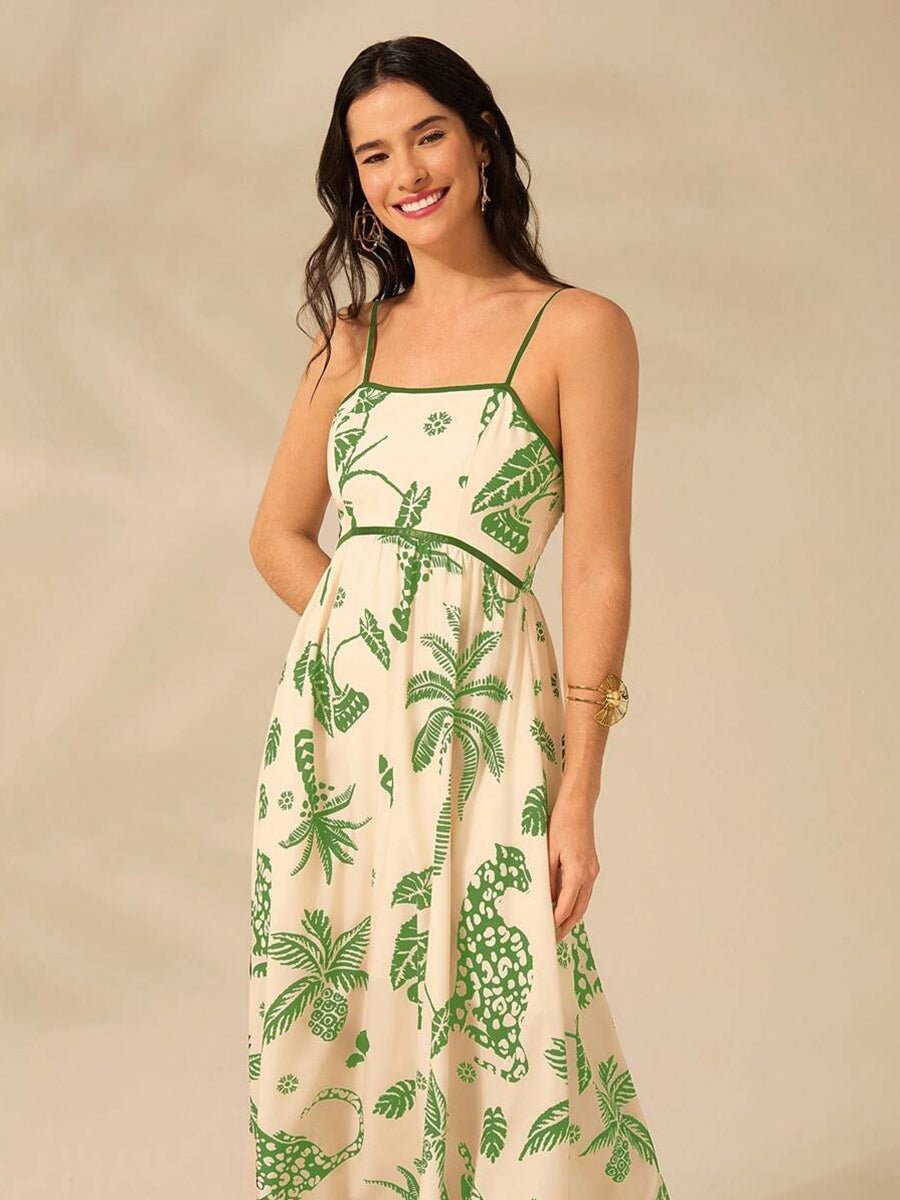 Green Plants Print A-line Vacation Dress