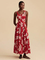 Red Floral Square Neck Vacation Dress
