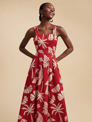 Red Floral Square Neck Vacation Dress