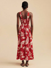 Red Floral Square Neck Vacation Dress