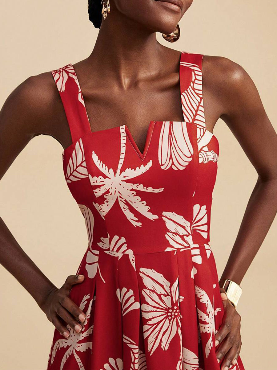 Red Floral Square Neck Vacation Dress