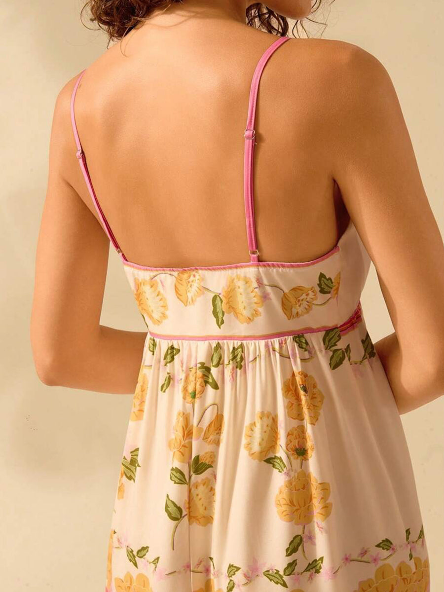 Yellow Floral A-line Backless Vacation Dress