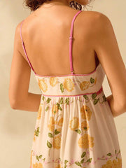 Yellow Floral A-line Backless Vacation Dress