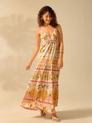 Yellow Floral A-line Backless Vacation Dress
