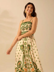 Green Plaisey Printed Shirred Vacation Dress