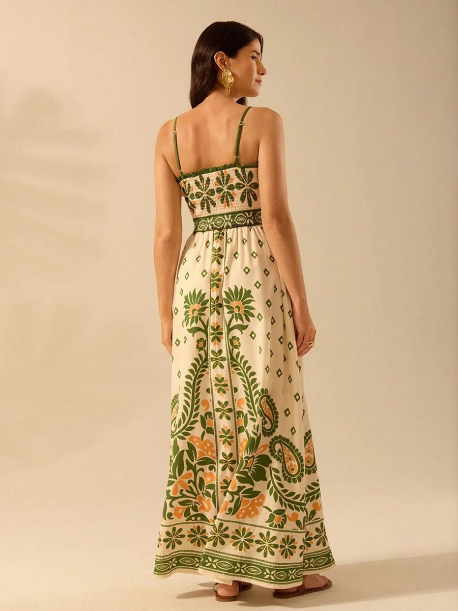 Green Plaisey Printed Shirred Vacation Dress