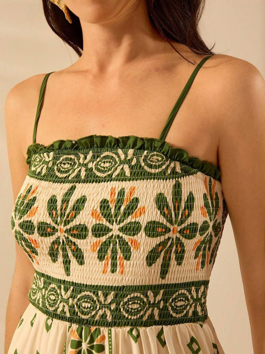 Green Plaisey Printed Shirred Vacation Dress