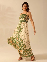 Green Plaisey Printed Shirred Vacation Dress