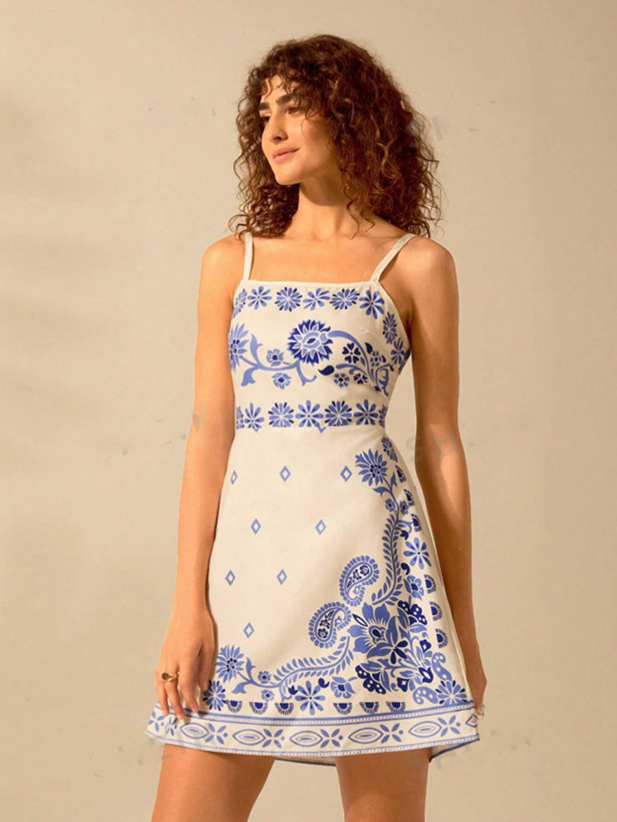 Blue Floral Back Knot Mini Toile Dress