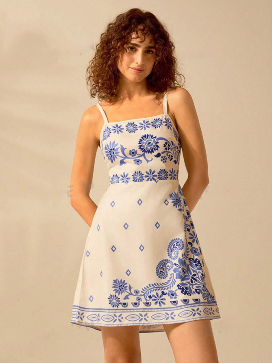 Blue Floral Back Knot Mini Toile Dress
