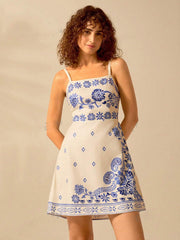 Blue Floral Back Knot Mini Toile Dress