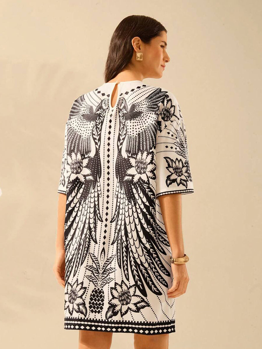 Black Geometric Printed Short Sleeve Dress