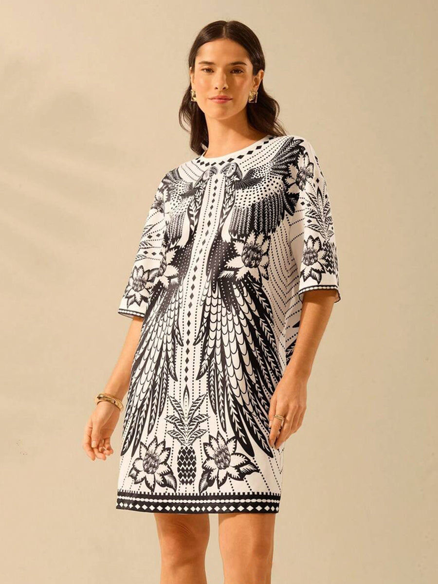 Black Geometric Printed Short Sleeve Dress