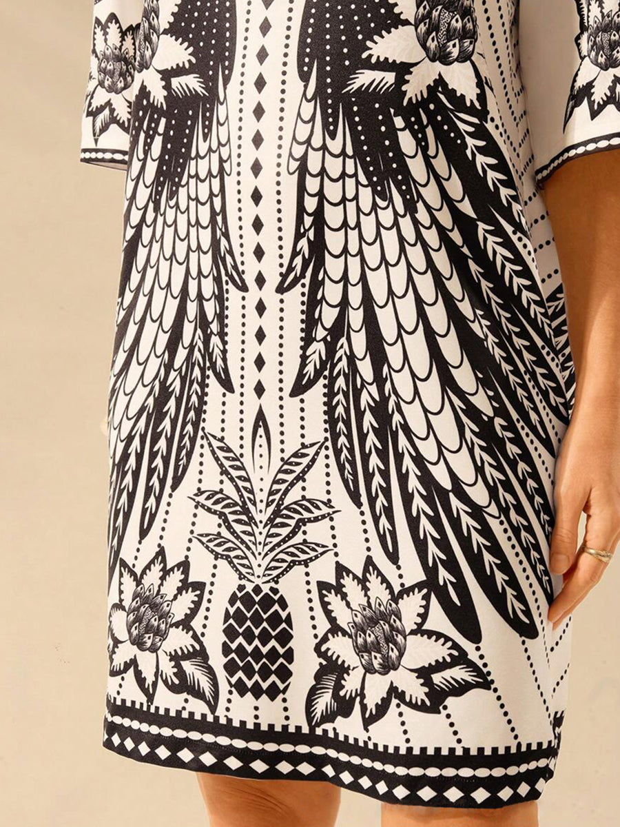 Black Geometric Printed Short Sleeve Dress