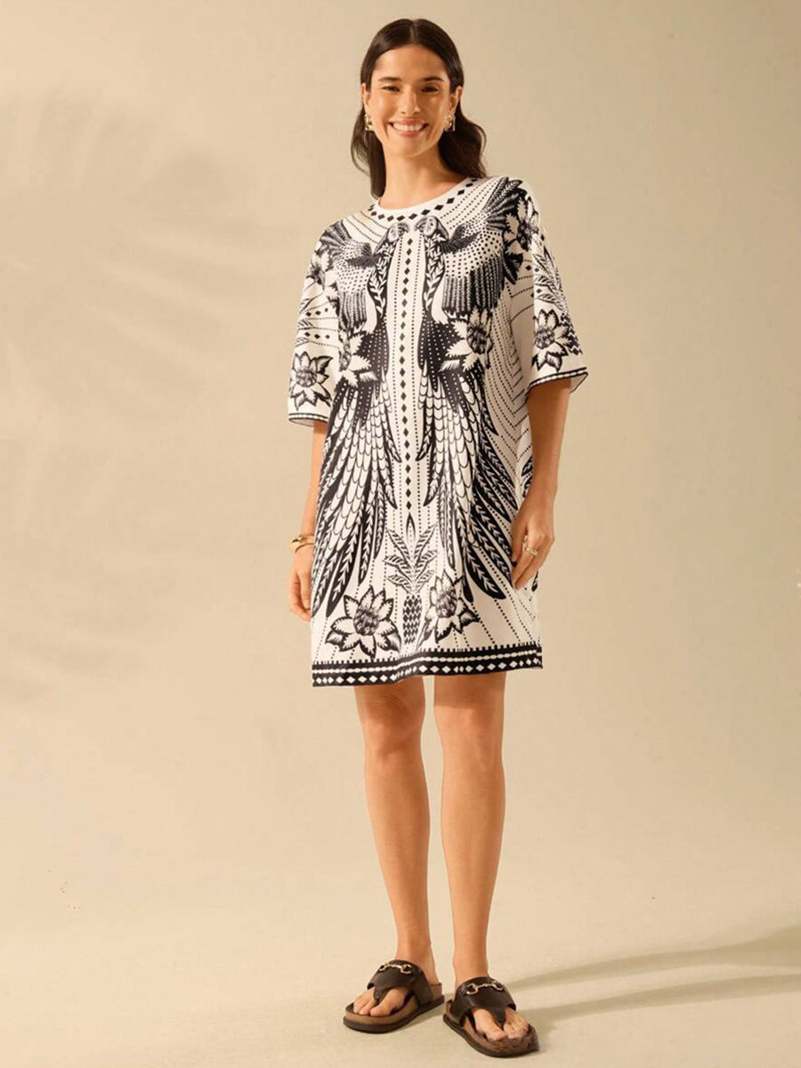 Black Geometric Printed Short Sleeve Dress