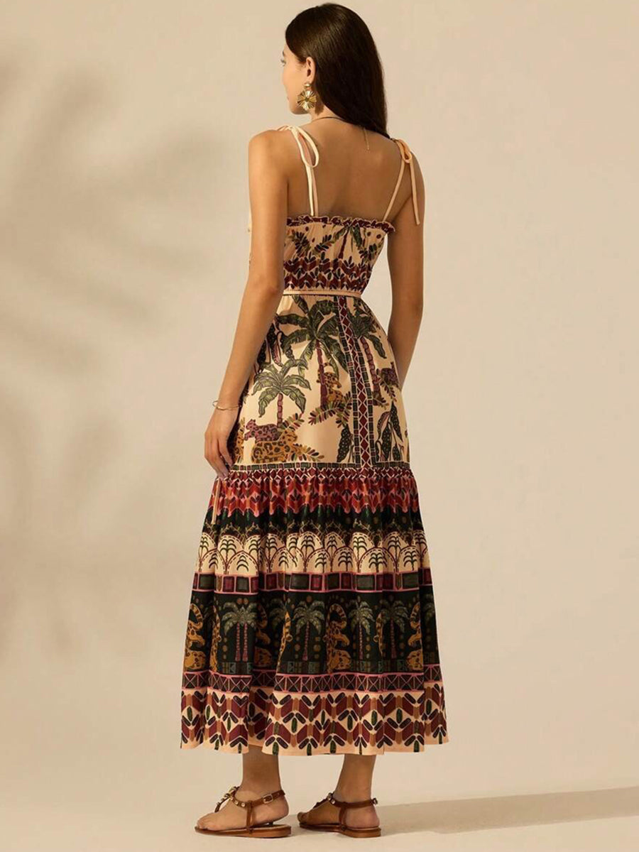 Retro Printed Graphic Spaghetti Vacation Dress