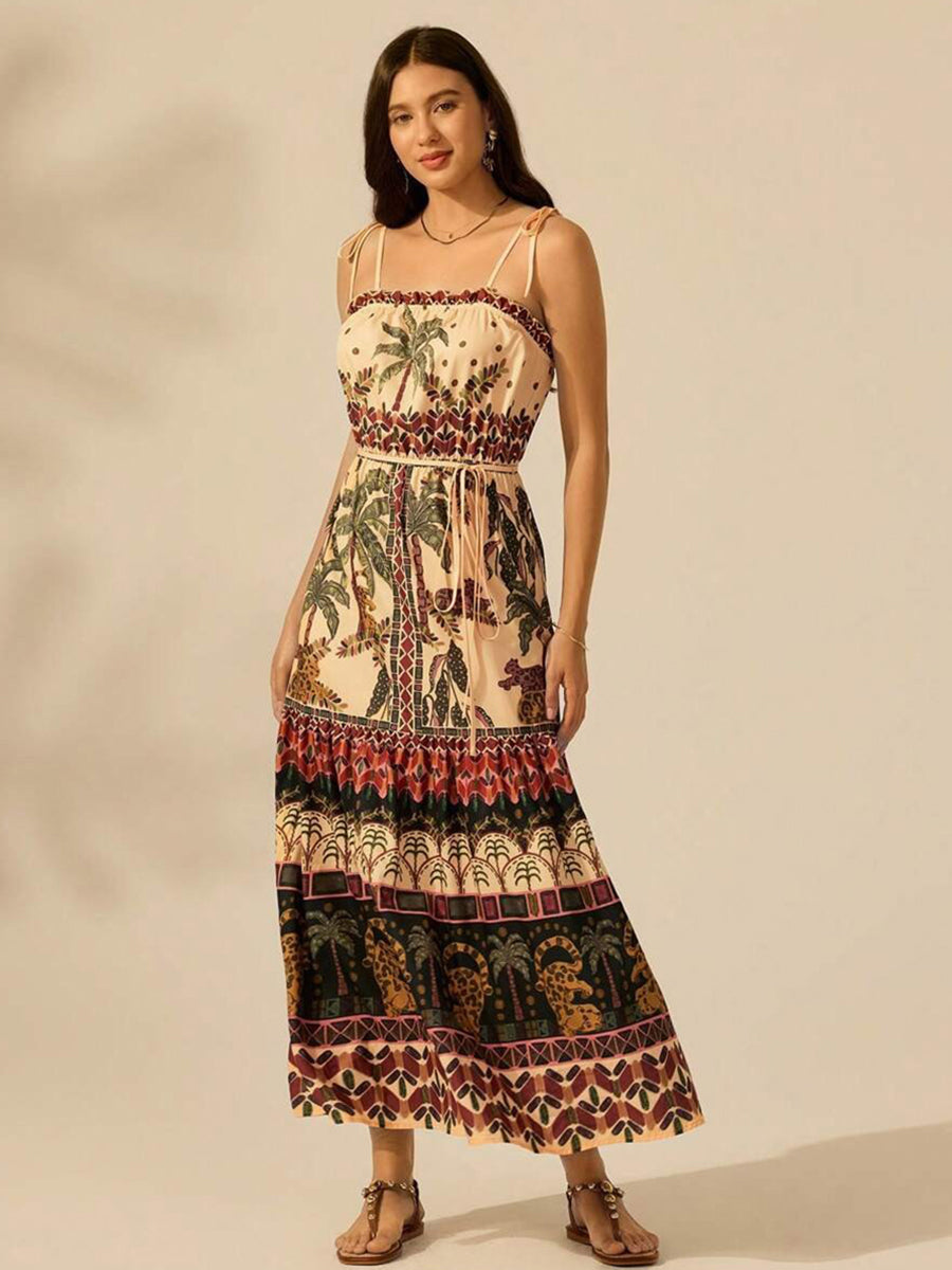 Retro Printed Graphic Spaghetti Vacation Dress