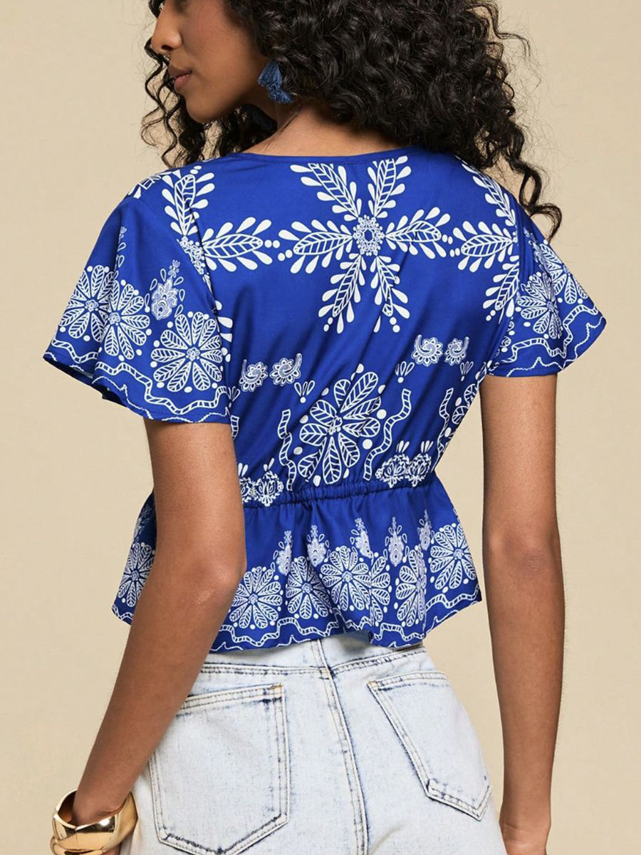 Blue Ruffled V-neck Vacation Print Top