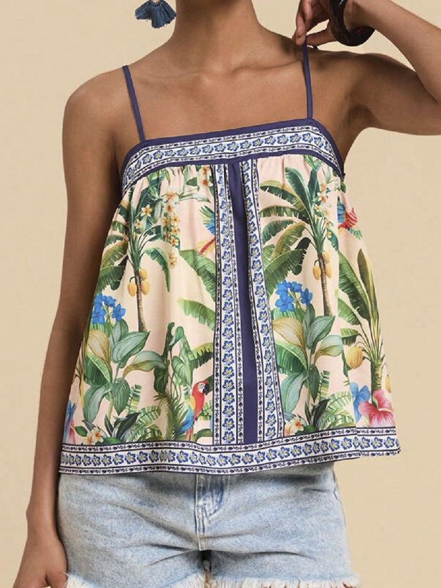 Leaf Print Spaghetti Vacation Top