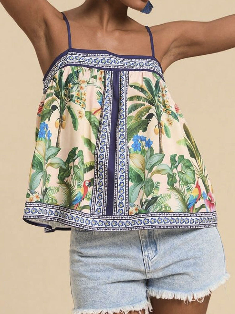 Leaf Print Spaghetti Vacation Top