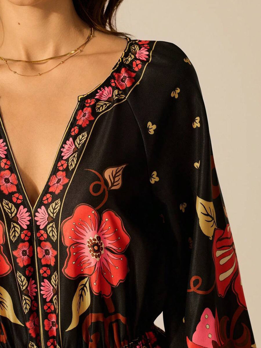 Black Floral Long Sleeve V-neck Vacation Dress