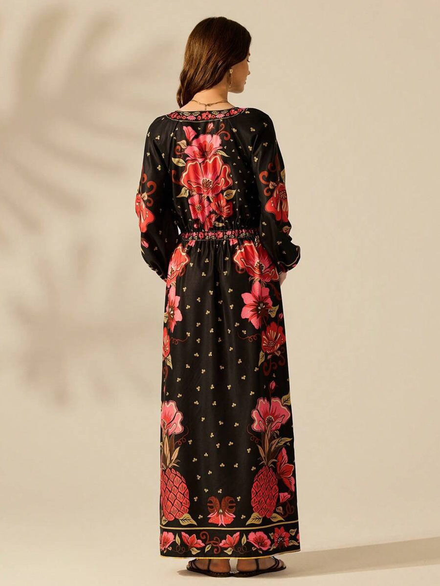Black Floral Long Sleeve V-neck Vacation Dress