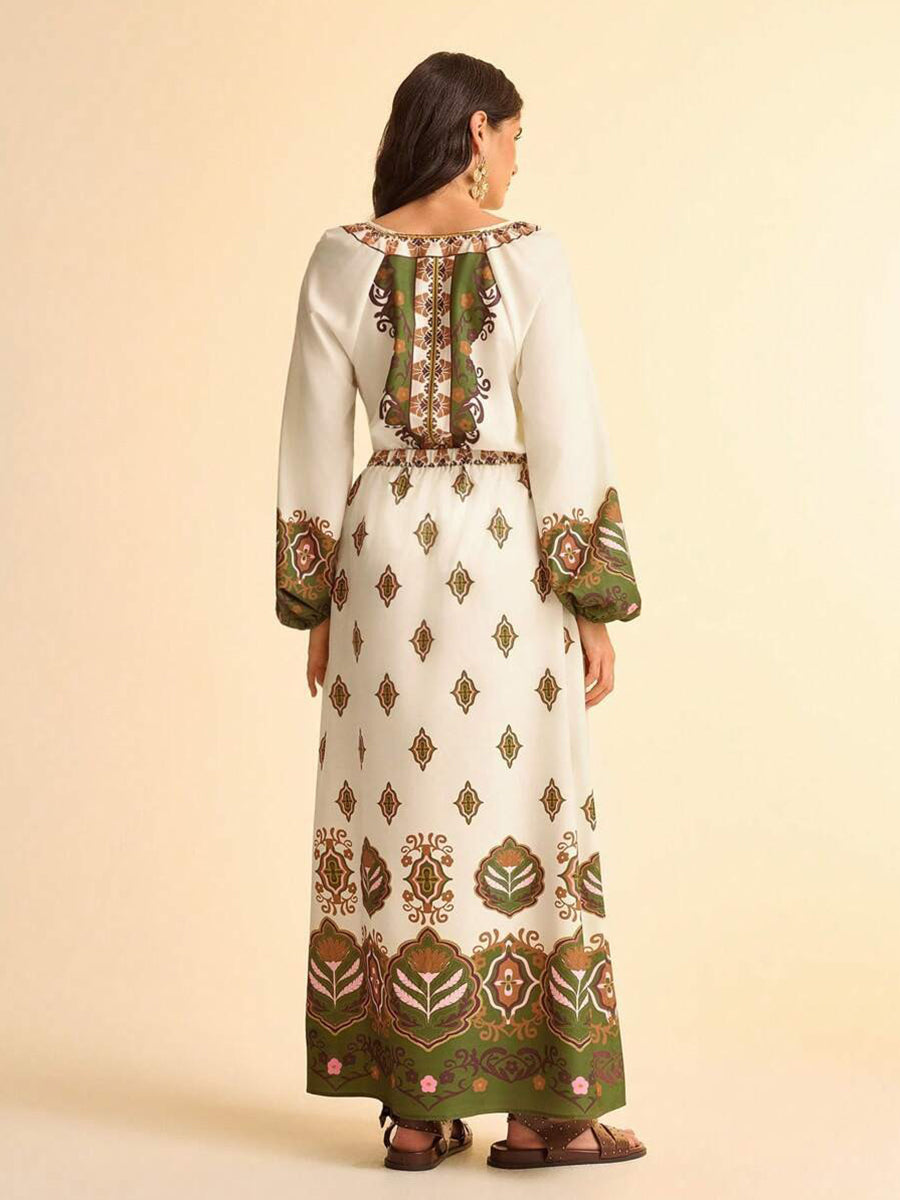 V-neck Printed Tribal Long Sleeve Dress