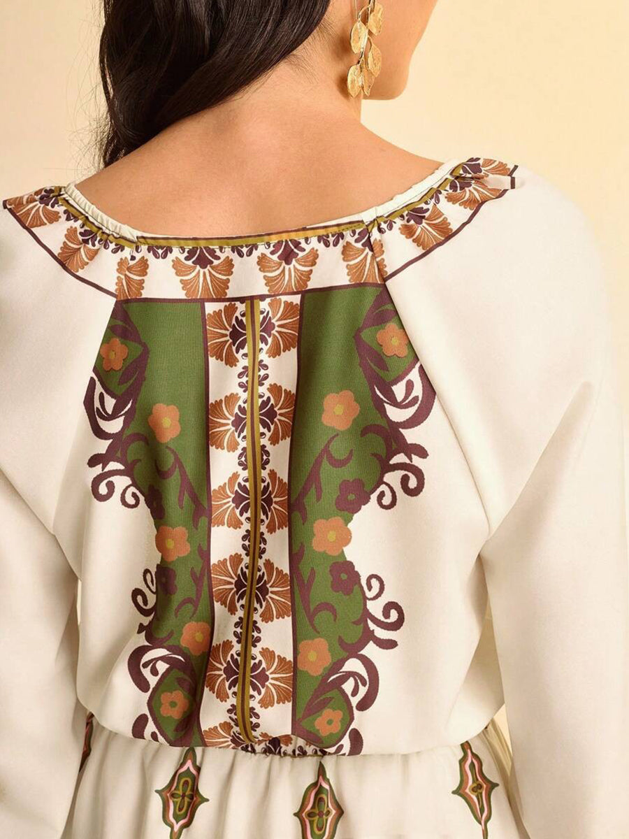 V-neck Printed Tribal Long Sleeve Dress