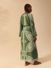 Green Geometric Printed Long Sleeve Dress