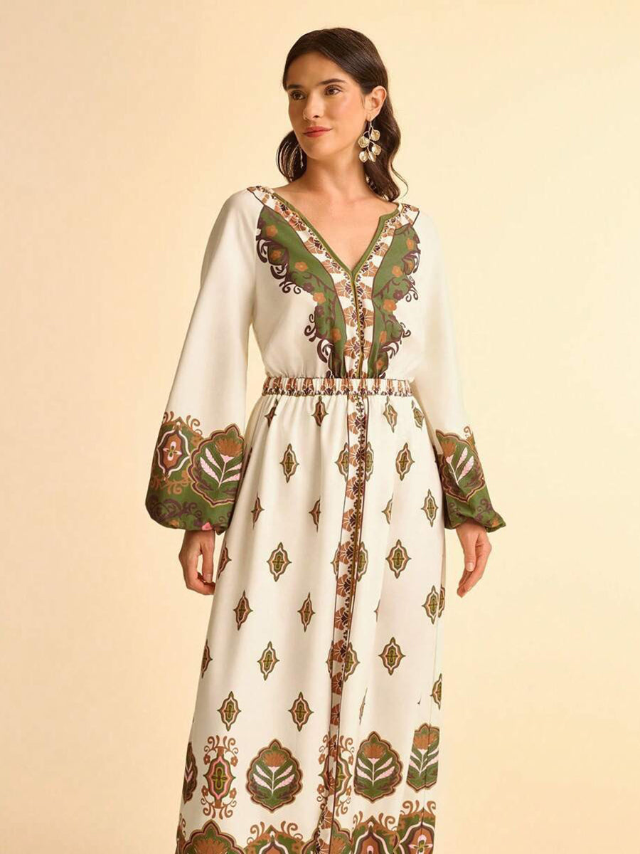 V-neck Printed Tribal Long Sleeve Dress