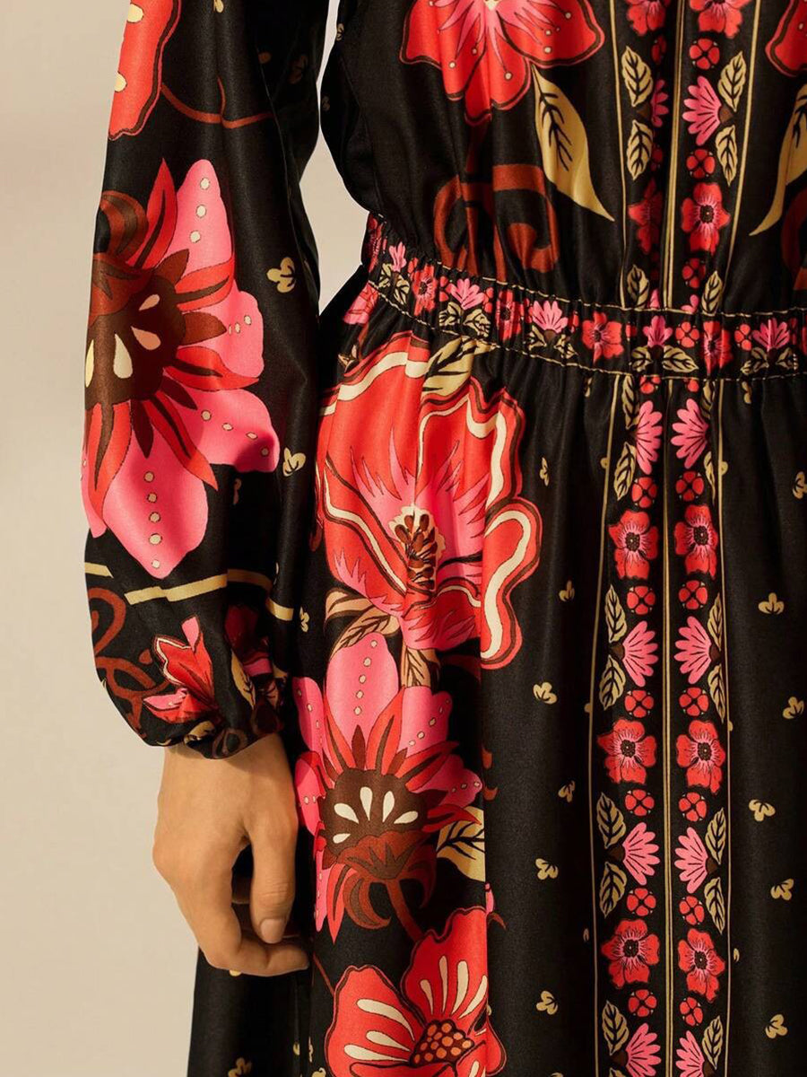 Black Floral Long Sleeve V-neck Vacation Dress