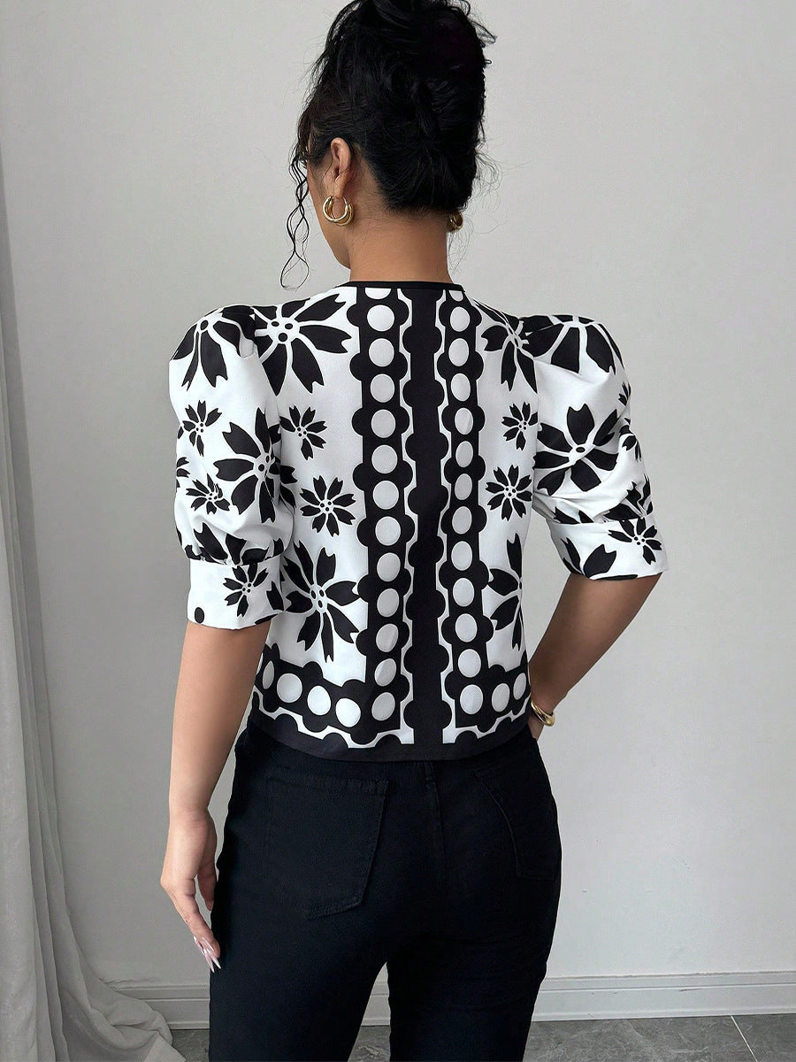 Black Floral Puff Sleeve Knot Fashion Top