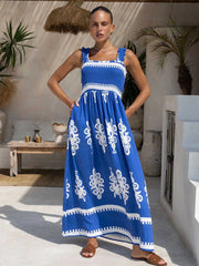 Blue Printed Tribal Shirred Vacation Dress
