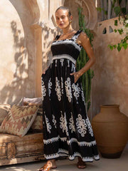 Squre Neck Printed A-line Boho Dress