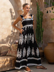 Squre Neck Printed A-line Boho Dress